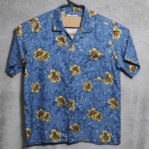 Tommy Bahama Shirt Mens Medium Blue Silk Hibiscus Floral Hawaiian Relax Camp